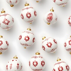 White and red painted Christmas balls with traditional ornaments seamless pattern.