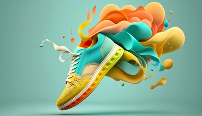 Flying trendy sneakers on creative colorful background, Stylish fashionable concept.