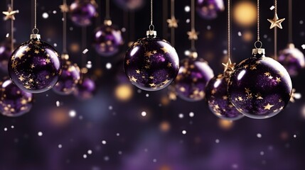 Obraz premium Christmas balls with golden confetti and bokeh. Festive dark purple background.