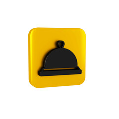 Black Covered with a tray of food icon isolated on transparent background. Tray and lid sign. Restaurant cloche with lid. Yellow square button.