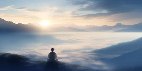 Poster Buddhist monk meditating on the top of mountain at sunset © Marc Andreu
