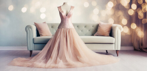 immagine con elegante abito da sera femminile su un manichino, ambiente lussuoso e raffinato