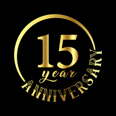 15 year anniversary celebration. Anniversary logo with golden color vector illustration.