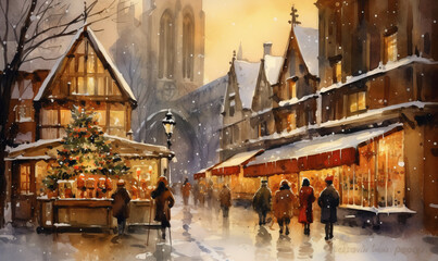 Fototapeta na wymiar Christmas market vintage watercolor scene