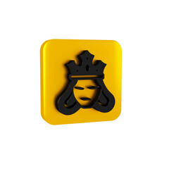 Black Princess or queen wearing her crown icon isolated on transparent background. Medieval lady. Yellow square button.