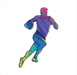 Rugby player running with ball action motion abstract multicolor vector illustration
