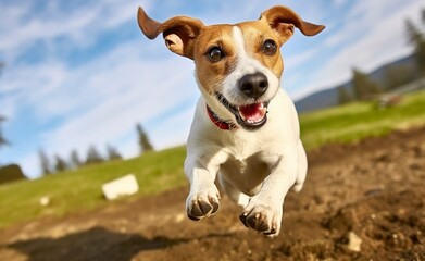 Jack Russel Parson Dog Run Toward The Camera Low Angle High Speed Shot.