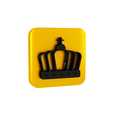Black King crown icon isolated on transparent background. Yellow square button.