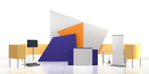 Violet Orange Exhibition Booth Mock-up, Retail Trade Stand With Double Roll-Up, Counter For Helping Service, 3D render	