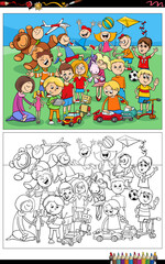 cartoon children and toys characters group coloring page