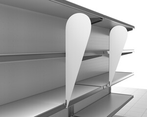 Big Blank Shelf Stoppers, White Wobbler Attached To Empty Shelf, Price Tag or Promo Banner, Mock-up. 3D rendering