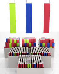 POS Floor Cardboard Boxes With Packages, Can Beverages, Lots of Products And Hanging Banners, Mock-up 3D Render	