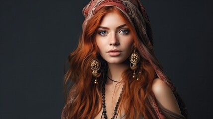 A young caucasian woman, isolated on a black background, dressed in a bohemian style, with a dreamy gaze, lost in a world of fantastical imagination.