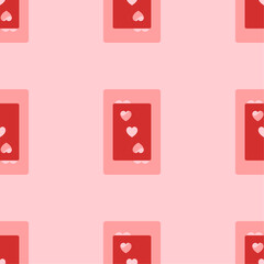 Seamless pattern of large isolated red Three of hearts playing cards. The elements are evenly spaced. Vector illustration on light red background