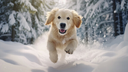 Golden Retriever puppy joyfully playing in the snow