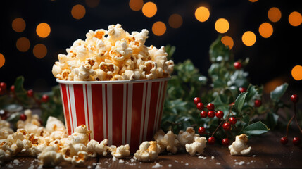 a bucket of delicious popcorn stands on a New Year's background, Christmas, decor, holiday, movie, food, day off, snack, fun, entertainment, pack, puffed corn, film, party, winter, garland, lights