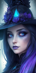 a portrait of a beautiful woman with blue eyes who looks like a witch or a sorceress or a fairy.