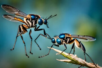 fly on a leaf, A Robber fly and an Assassin fly engage in a high-stakes aerial duel, each displaying incredible agility and precision