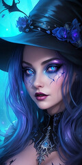 a portrait of a beautiful woman with blue eyes who looks like a witch or a sorceress or a fairy.
