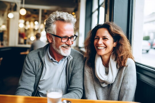 Cheerful middle age couple sitting at a cafe. Man and woman sitting at a restaurant table and smiling