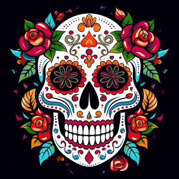 Mexican roses skull. Mexican roses skull. Dia de los muertos shugar colorful head.