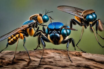 fly on leaf, A Robber fly and an Assassin fly engage in a high-stakes aerial duel, each displaying incredible agility and precision
