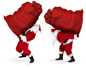 classic traditional crazy funny santa claus on exhausting delivery service. Carrying huge giant big...