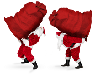 classic traditional crazy funny santa claus on exhausting delivery service. Carrying huge giant big red bag on his back with christmas gift present  isolated white christmas background