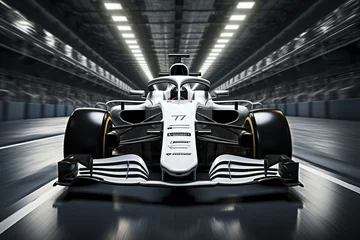 Poster white racing car is moving fast on formula one track © alexkoral