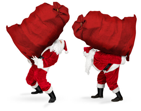 classic traditional crazy funny santa claus on exhausting delivery service. Carrying huge giant big red bag on his back with christmas gift present  isolated white christmas background