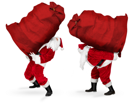 classic traditional crazy funny santa claus on exhausting delivery service. Carrying huge giant big red bag on his back with christmas gift present  isolated white christmas background - Powered by Adobe