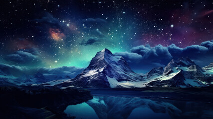 Mountain landscape with stars and nebula. 3D illustration.