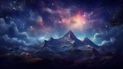 Fantasy landscape with mountains and lake.