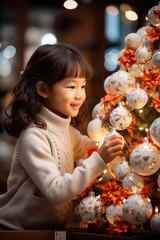 Naklejka premium happy korean girl decorates christmas tree