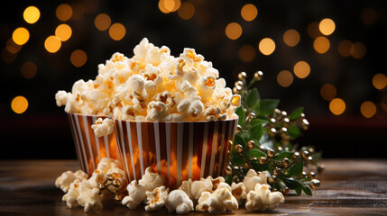 a bucket of delicious popcorn stands on a New Year's background, Christmas, decor, holiday, movie, food, day off, snack, fun, entertainment, pack, puffed corn, film, party, winter, garland, lights