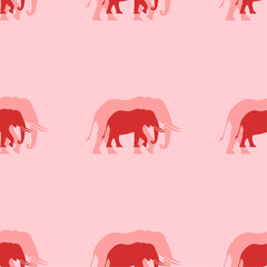 Seamless pattern of large isolated red elephant symbols. The elements are evenly spaced. Vector illustration on light red background