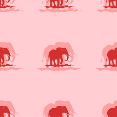 Seamless pattern of large isolated red wild elephant symbols. The elements are evenly spaced. Vector illustration on light red background