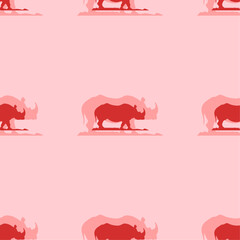 Seamless pattern of large isolated red wild rhino symbols. The elements are evenly spaced. Vector illustration on light red background