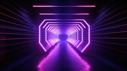 3d render Geometric figure in neon light against a dark tunnel Laser glow 