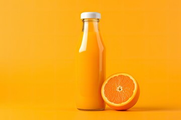 Orange Juice bottle on orange background. - obrazy, fototapety, plakaty