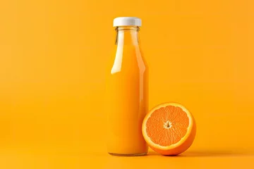 Rolgordijnen Orange Juice bottle on orange background. © MstHafija