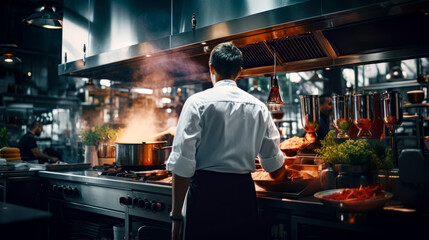 Chef preparing food in kitchen with steam coming out of the oven.