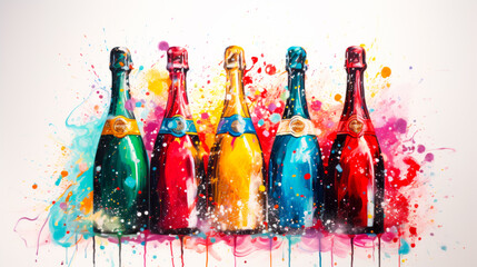 Watercolor illustration colorful champagne bottles set on a pink background