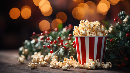 a bucket of delicious popcorn stands on a New Year's background, Christmas, decor, holiday, movie, food, day off, snack, fun, entertainment, pack, puffed corn, film, party, winter, garland, lights - obrazy, fototapety, plakaty