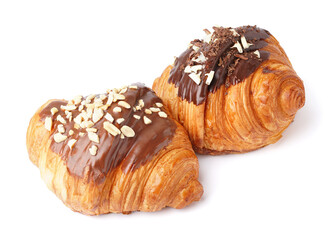 Tasty sweet croissants with chocolate and nuts isolated on white background