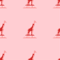 Seamless pattern of large isolated red giraffe symbols. The elements are evenly spaced. Vector illustration on light red background