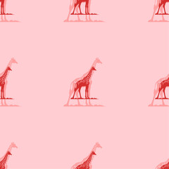 Seamless pattern of large isolated red wild giraffe symbols. The elements are evenly spaced. Vector illustration on light red background