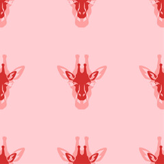 Seamless pattern of large isolated red giraffe head symbols. The elements are evenly spaced. Vector illustration on light red background