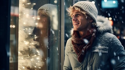smiling young man in front of shop window at christmas