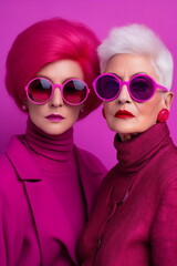 Two middle age women dressed in pink and wearing sunglasses. In the style of vibrant and textured. Candid moments captured